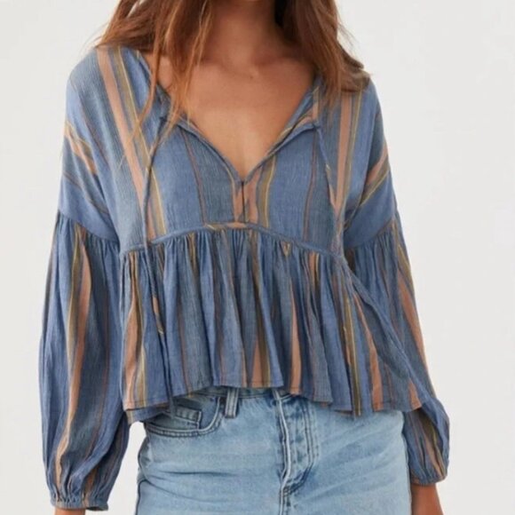 O’NEILL Rosie Top Sz L Navy Blue Striped Front Tie Balloon Sleeve Ruffle Viscose - Picture 1 of 10